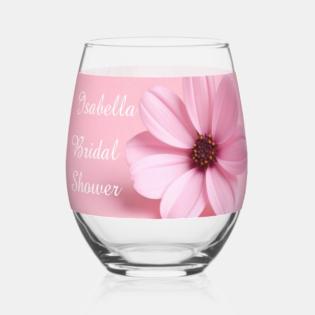 Blush Pink Cosmos Floral Script Bridal Shower Stemless Wine Glass (Front)