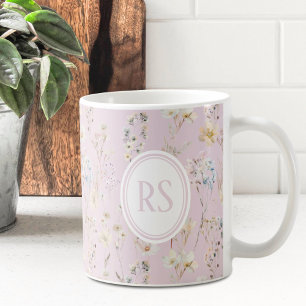 Blush Pink Cottagecore Wildflower Monogram Coffee Mug