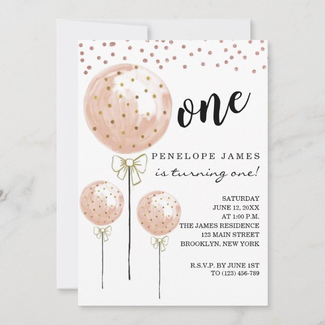 Blush Pink Cotton Candy Balloon 1st Birthday Invitation (Front)