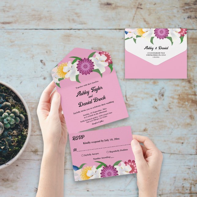 Blush Pink Country Modern Spring Floral Wedding All In One Invitation (Creator Uploaded)