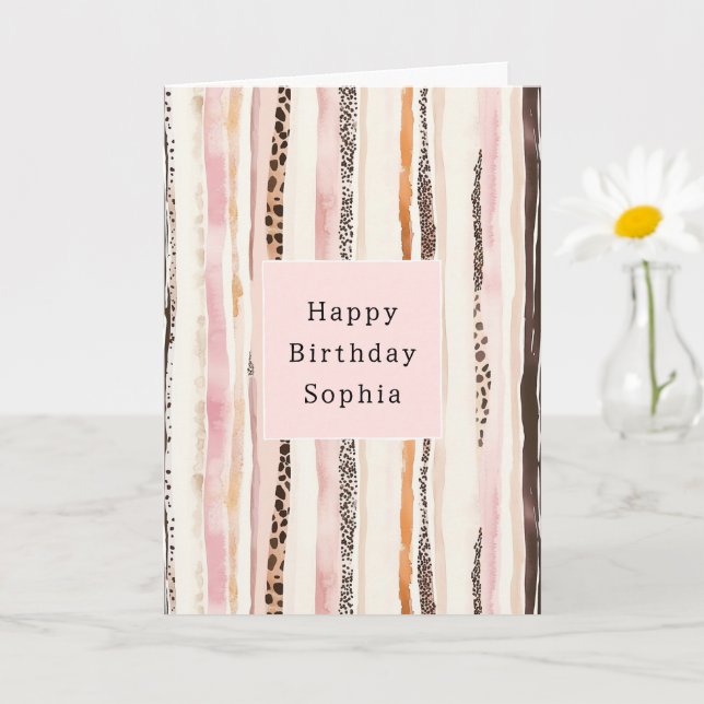 Blush Pink Cream Brown Leopard Animal Birthday Card (Small Plant)