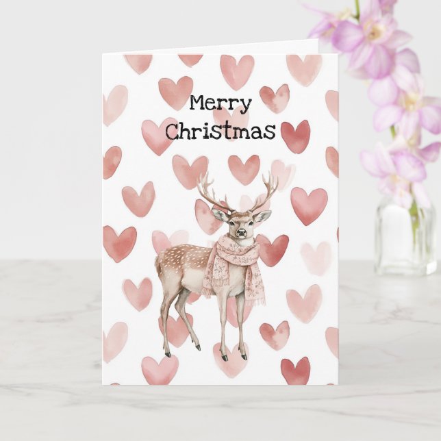 Blush Pink Cream Deer Scarf Hearts Christmas Card (Orchid)