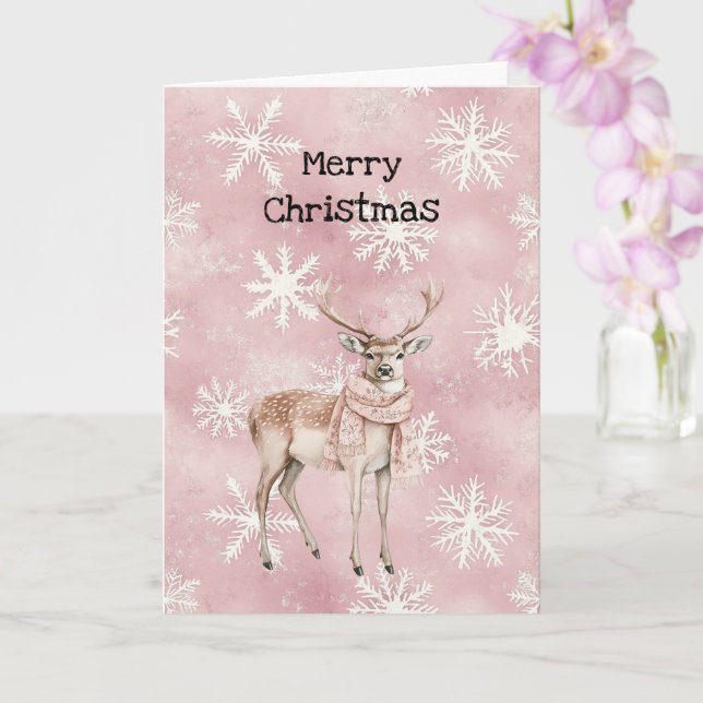 Blush Pink Cream Deer Scarf Snowflakes Christmas Card (Orchid)