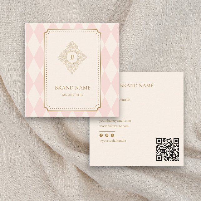 Blush Pink Cream Diamond Gold Frame Monogram Square Business Card (Creator Uploaded)