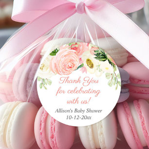 Blush pink cream floral watercolors baby shower classic round sticker