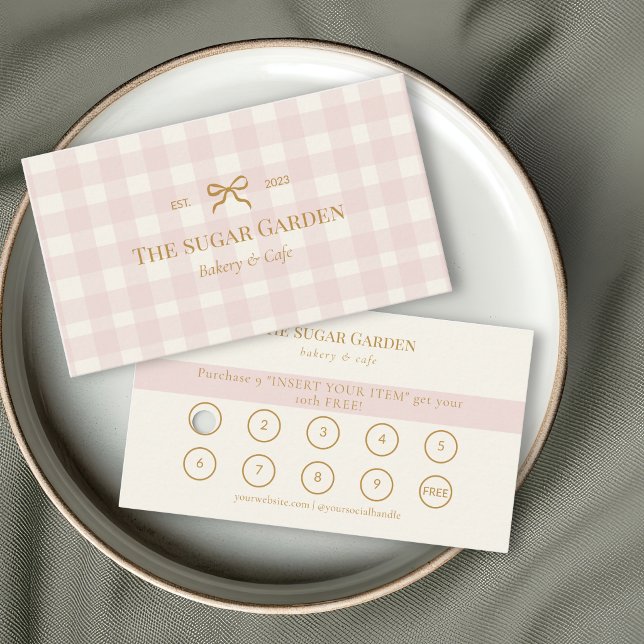 Blush Pink Cream Gingham Bow Bakery Loyalty Punch Business Card (Creator Uploaded)