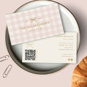 Blush Pink Cream Gingham QR Bakery Marketing Business Card