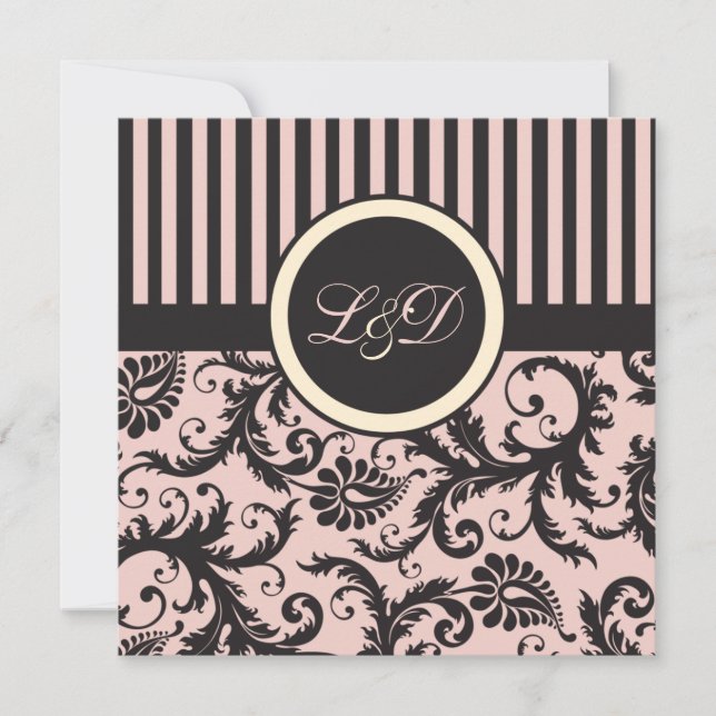 Blush Pink, Cream, Grey Stripe Damask Monogrammed Invitation (Front)
