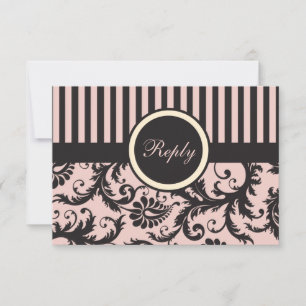 Blush Pink, Cream, Grey Stripe Damask Reply Card