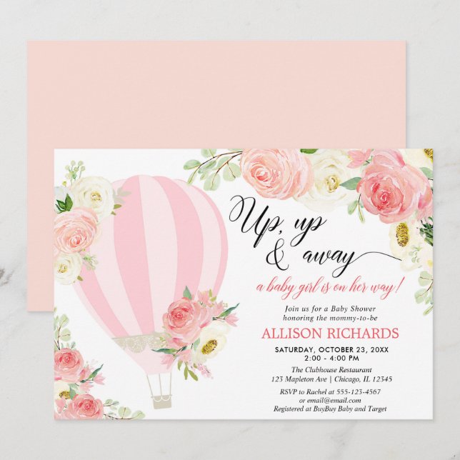 Blush pink cream hot air balloon girl baby shower invitation (Front/Back)
