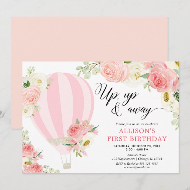 Blush pink cream hot air balloon girl birthday invitation (Front/Back)