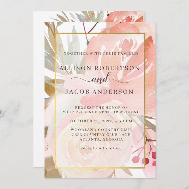 Blush Pink Cream Peach Sage Green Gold Wedding Invitation (Front/Back)