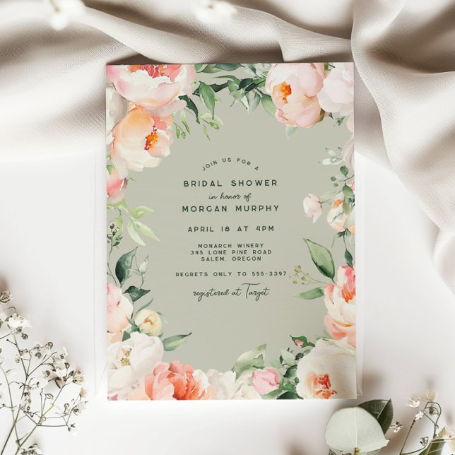 Blush Pink Cream Peony Floral Leaves Bridal Shower Invitation (Creator Uploaded)