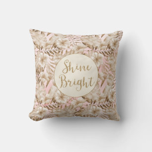 Blush Pink Cream Tropical Leaves Floral Shine Cushion