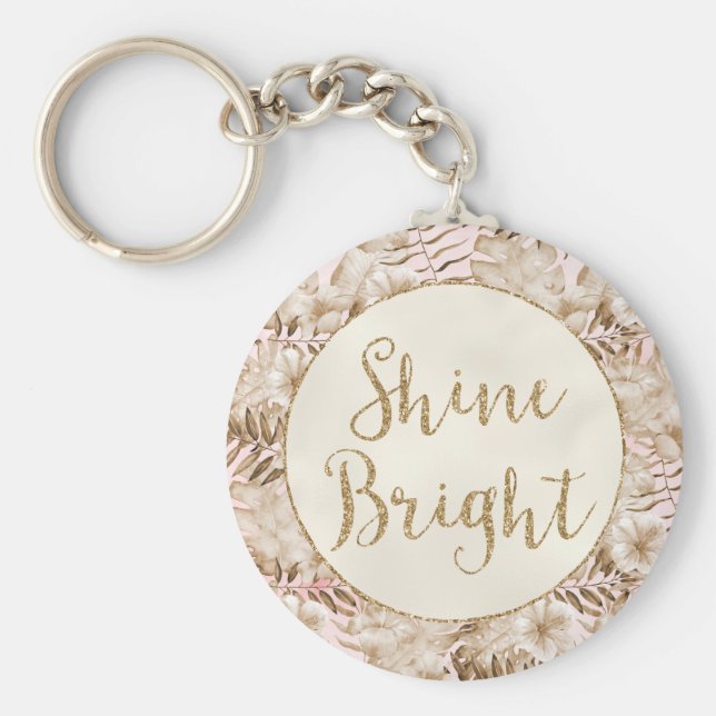 Blush Pink Cream Tropical Leaves Floral Shine   Key Ring (Front)