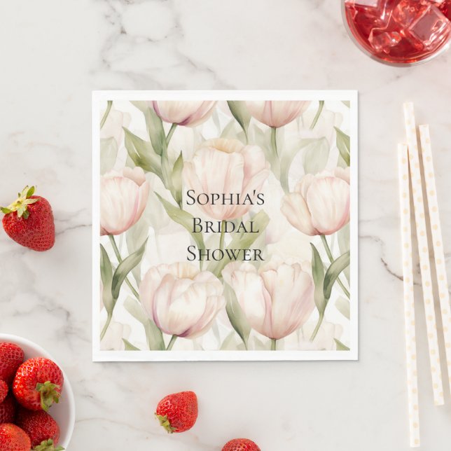 Blush Pink Cream Tulips Floral Bridal Shower Napkin (Insitu)