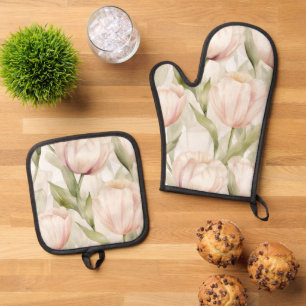 Blush Pink Cream Tulips Floral Bridal Shower Oven Mitt & Pot Holder Set