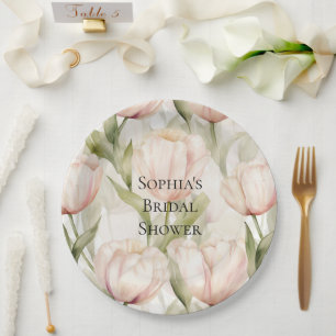 Blush Pink Cream Tulips Floral Bridal Shower Paper Plate