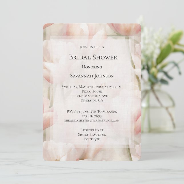 Blush Pink Cream Tulips Flowers Bridal Shower Invitation (Standing Front)