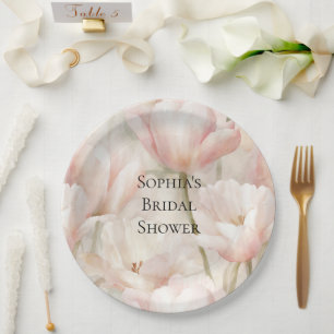 Blush Pink Cream Tulips Flowers Bridal Shower Paper Plate
