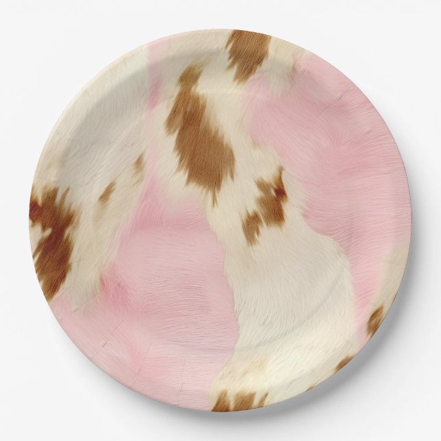 Blush Pink Cream White Brown Cowhide Paper Plate (Front)