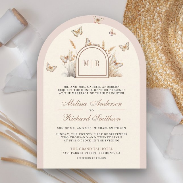 Blush Pink Cream Wildflower Butterfly Arch Wedding Invitation (Creator Uploaded)