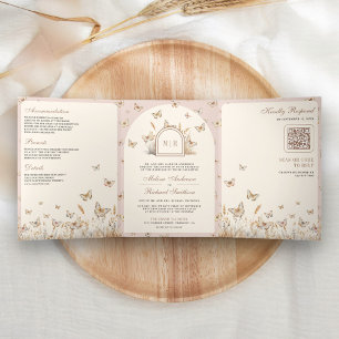 Blush Pink Cream Wildflower Butterfly Arch Wedding Tri-Fold Invitation