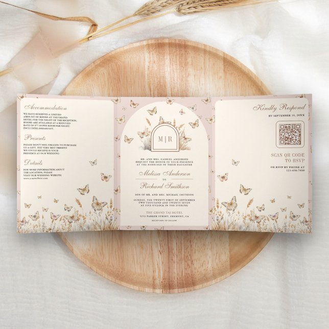 Blush Pink Cream Wildflower Butterfly Arch Wedding Tri-Fold Invitation (Creator Uploaded)