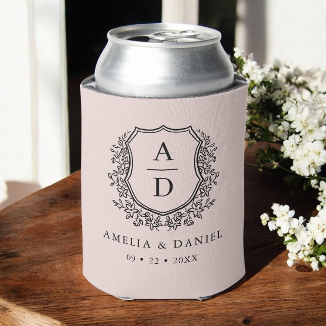 Blush Pink Crest Modern Monogram Wedding  Can Cooler (Creator Uploaded)