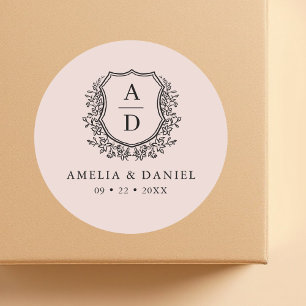 Blush Pink Crest Modern Monogram Wedding  Classic Round Sticker