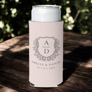 Blush Pink Crest Modern Monogram Wedding Seltzer Can Cooler