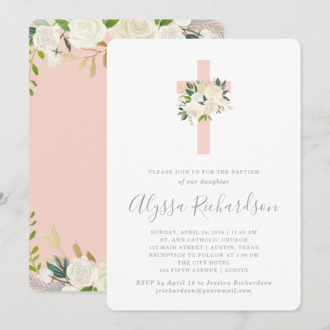 Blush Pink Cross and White Flowers | Girl Baptism Invitation (Front/Back)