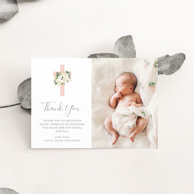 Blush Pink Cross and White Flowers | Photo Baptism Thank You Card (Creator Uploaded)
