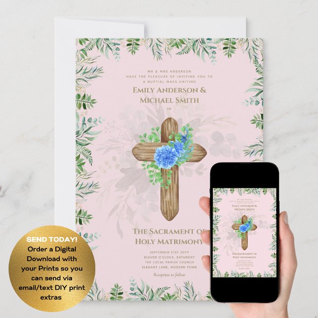 Blush Pink Cross Catholic Nuptial Mass Wedding Invitation (Creator Uploaded)