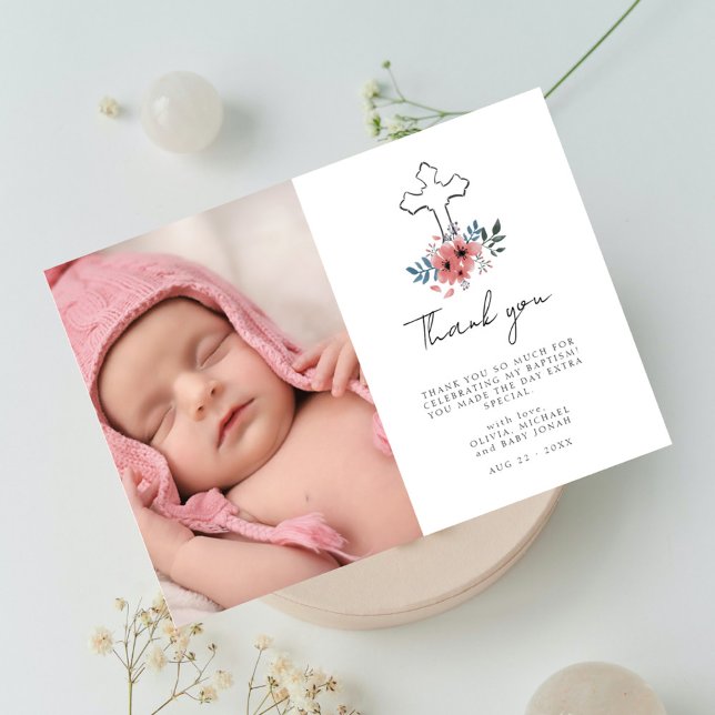 Blush Pink Cross Floral Photo Baptism Thank You Card (Creator Uploaded)