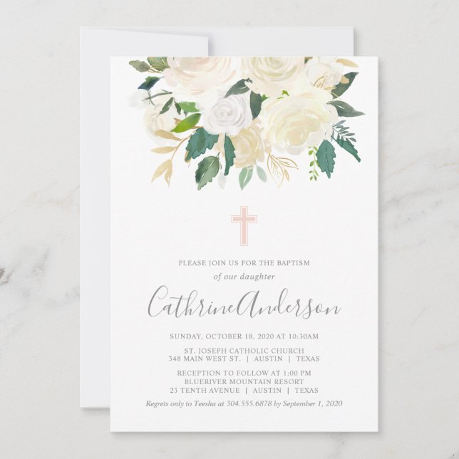 Blush Pink Cross with Cream Florals, Girl Baptism Invitation (Front)
