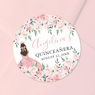 Blush Pink Crown Floral Quinceanera Classic Round Sticker