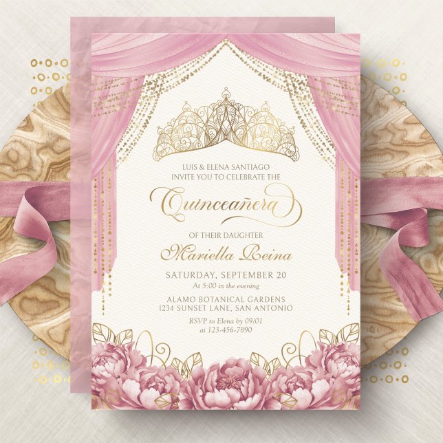 Blush Pink Crown Flowers Quinceanera Invitation (Creator Uploaded)
