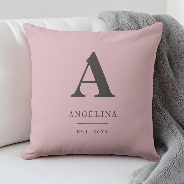 Blush Pink Custom Est Year Modern Monogram Initial Cushion (Blush Pink Custom Est Year Modern Monogram Initial Throw Pillow)
