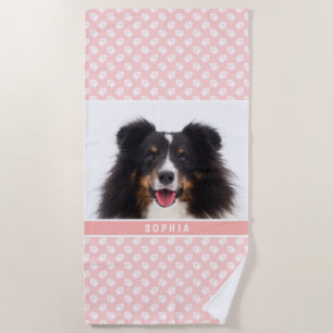 Blush Pink Custom Pet Photo With White Paws & Name Beach Towel