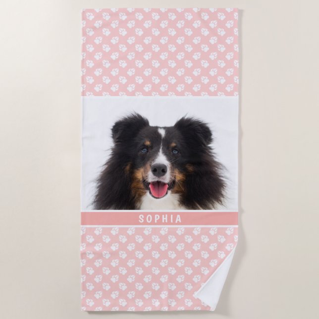 Blush Pink Custom Pet Photo With White Paws & Name Beach Towel (Front)