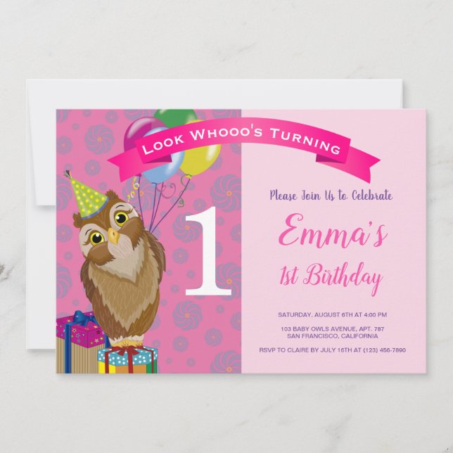 Blush Pink Cute Baby Owls 1st Birthday Party Photo Invitation (Front)