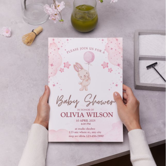 Blush Pink Cute Bunny Watercolor Baby Shower Invitation (Creator Uploaded)