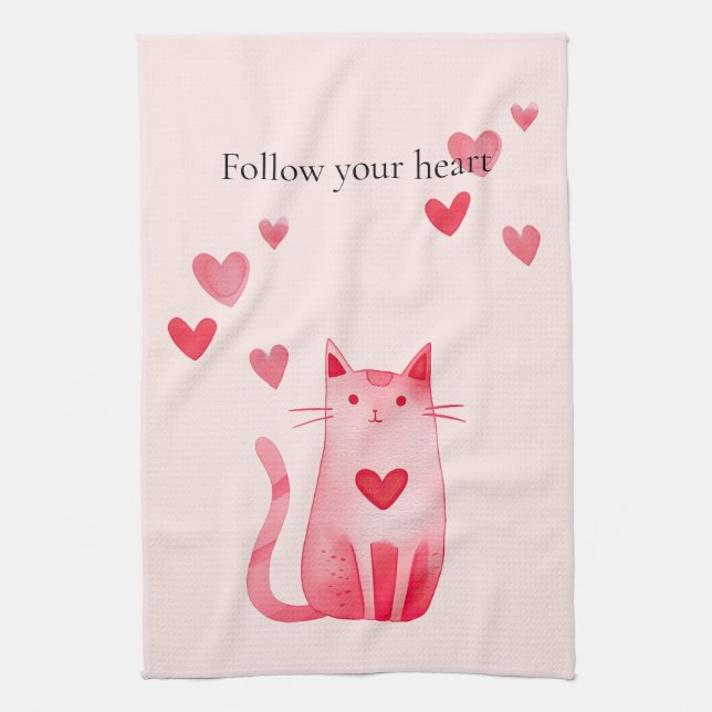 Blush Pink Cute Cat Hearts  Tea Towel (Vertical)