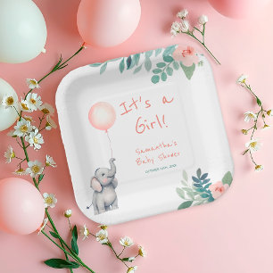 Blush Pink  Cute Elephant  Balloon Baby Shower Paper Plate