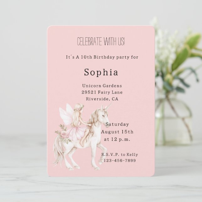 Blush Pink Cute Fairy Wings Dress Unicorn Birthday Invitation (Standing Front)