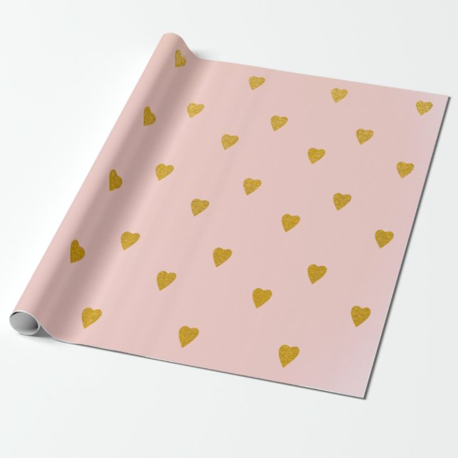 Blush Pink & Cute Gold Hearts Birthday Party Wrapping Paper (Unrolled)