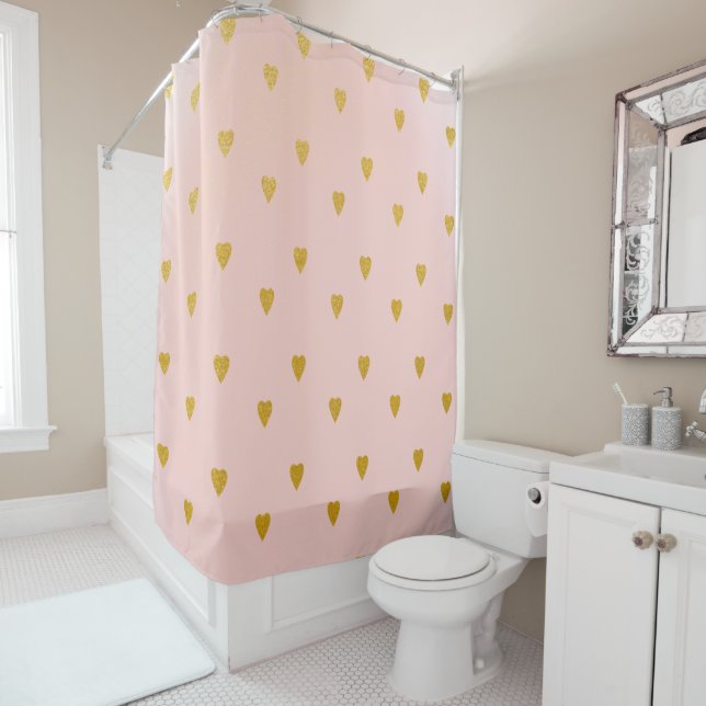 Blush Pink & Cute Gold Hearts Shower Curtain (In Situ)
