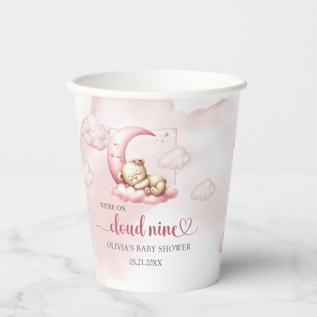 Blush pink cute teddy bear cloud nine girl  paper cups (Front)