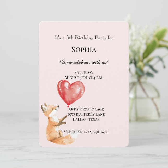 Blush Pink Cute Woodland Fox Red Hearts Birthday Invitation (Standing Front)
